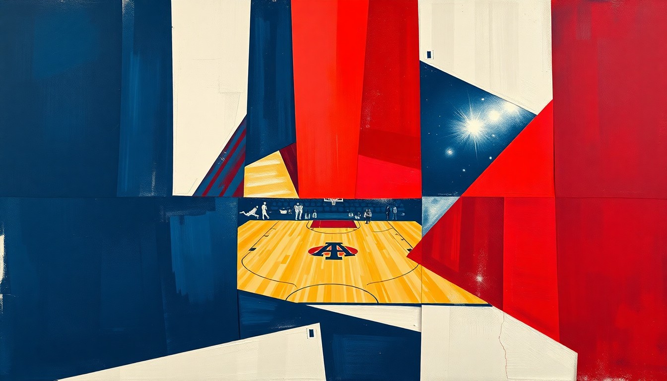 A cubist, geometric painting depicting the action of a college basketball game, with sharp planes of red and navy blue representing the energy and intensity of the Arizona Wildcats' return to the Final Four.
