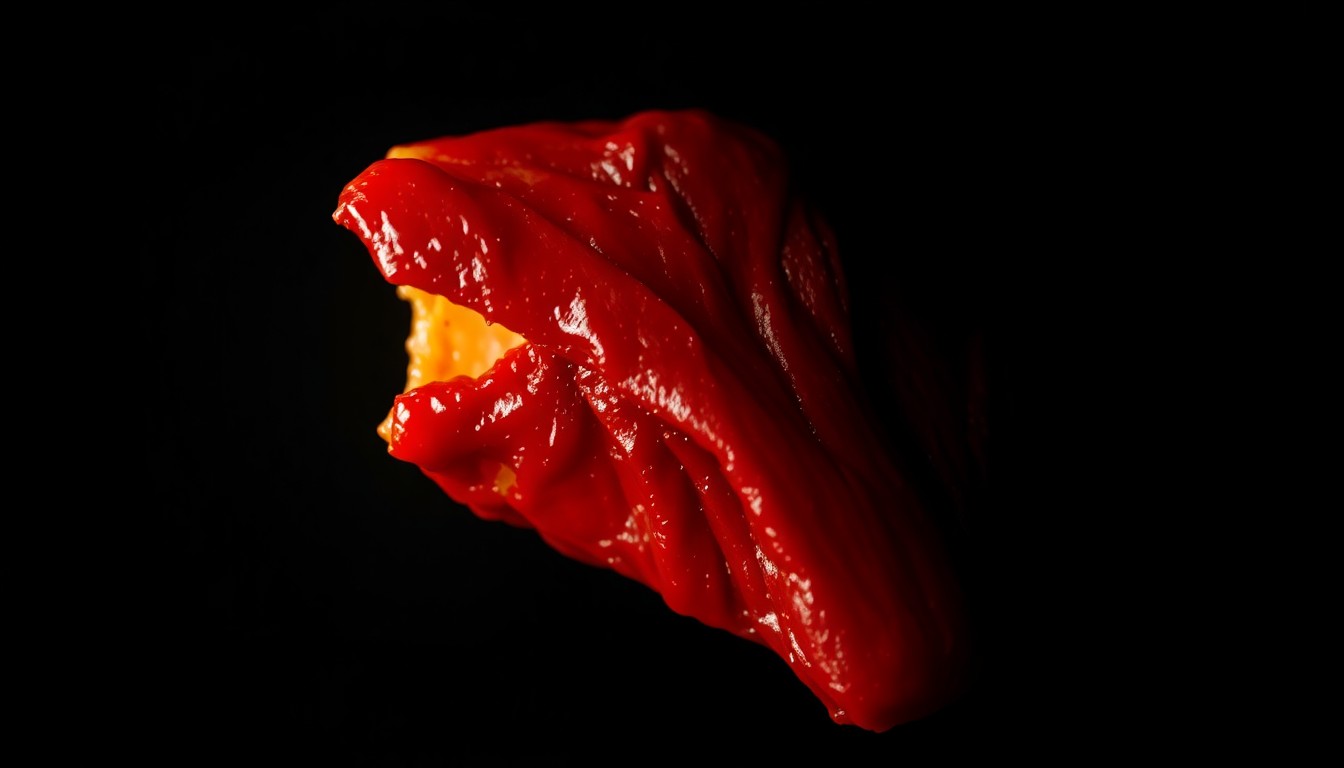 An extreme close-up photograph of a bloody, torn piece of human skin against a pitch-black background, conceptually illustrating the violent nature of the crime.