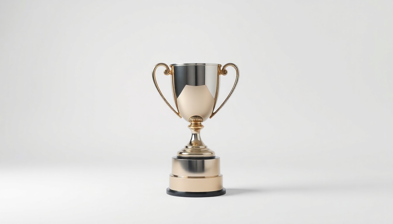A highly polished, reflective metal trophy or award standing alone on a clean, white background, symbolizing the prestige and recognition of ORIC Pharmaceuticals' talent acquisition efforts.