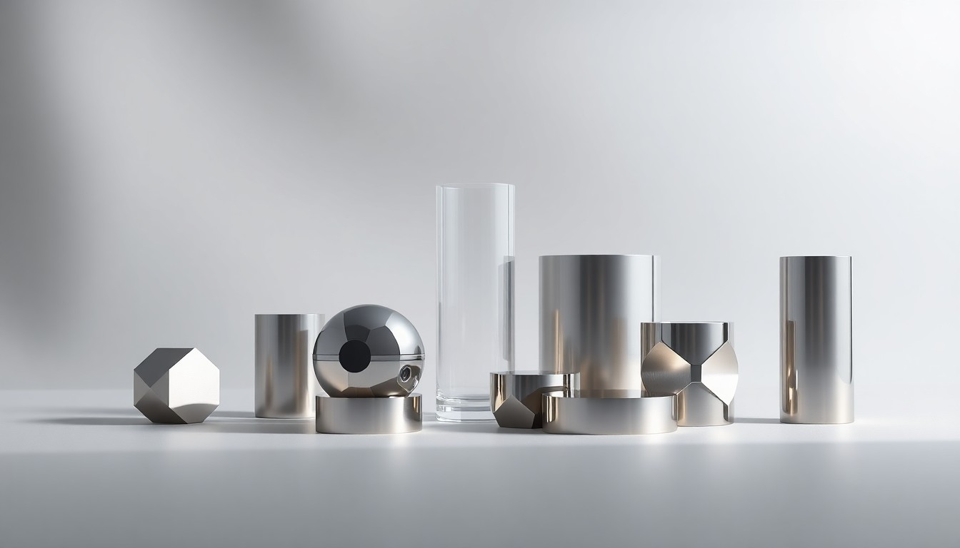 A high-end, photorealistic studio still-life photograph featuring a group of polished, geometric metal and glass objects arranged elegantly on a clean, monochromatic seamless background, conceptually representing the abstract ideas of corporate strategy, finance, and innovation in the biopharmaceutical industry.