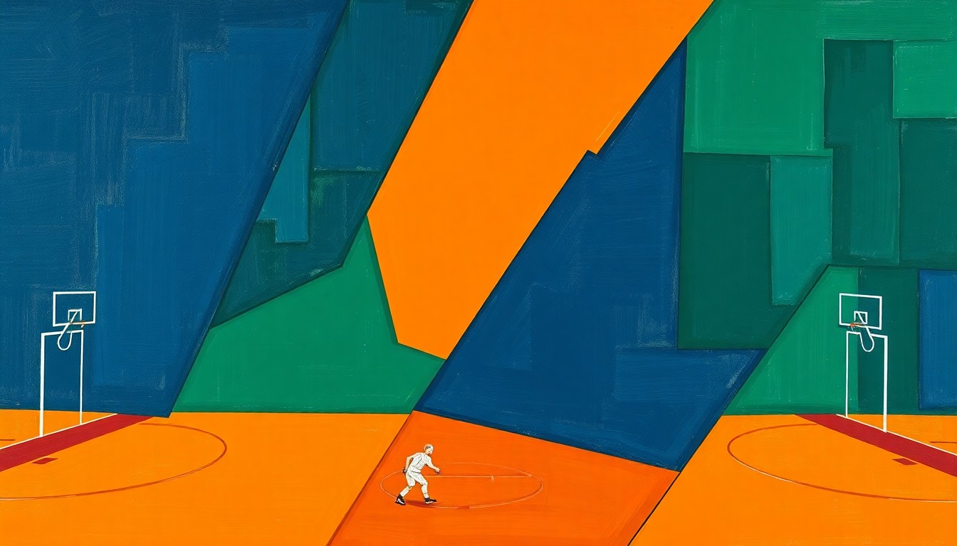 A cubist, geometric painting depicting a fragmented sports arena, with sharp planes of navy, green, and orange intersecting to create a sense of motion and instability, reflecting the collapse of the Main Street Sports Network.