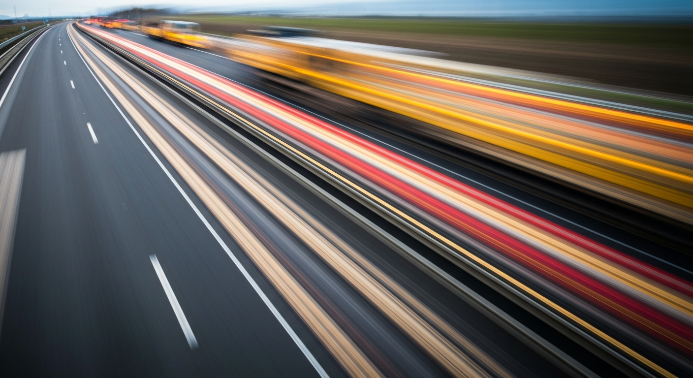 An abstract, blurred image of a construction vehicle on a highway, conveying the sense of motion and disruption associated with road work.