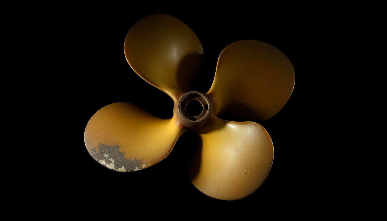 An extreme close-up photograph of a damaged boat propeller, its metal surface reflecting the harsh light of a camera flash against a pitch-black background, conceptually representing the tragic aftermath of a fatal boating accident.