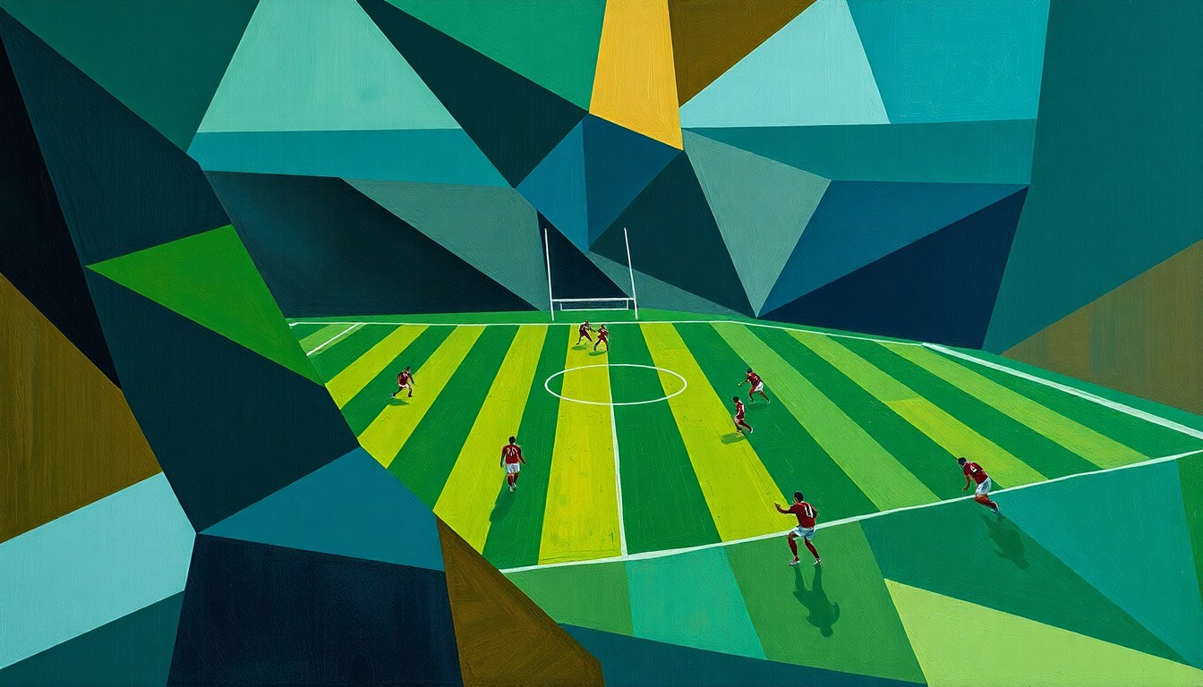 A fragmented, geometric painting depicting an abstract football game, with players and field reduced to sharp, overlapping planes of color in a palette of blues, greens, and ochres.