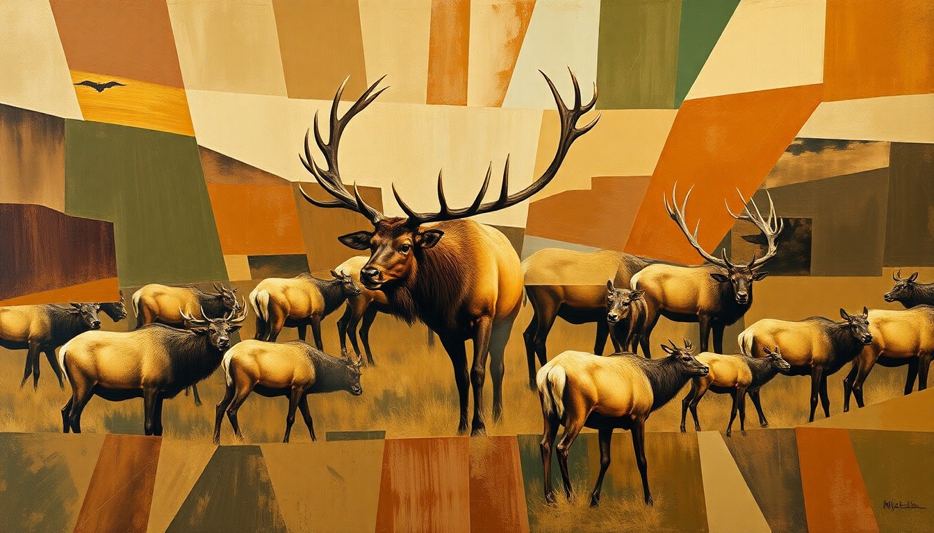 A fragmented, geometric painting depicting an elk herd and the energy of a community event, with sharp, overlapping planes in earthy tones.