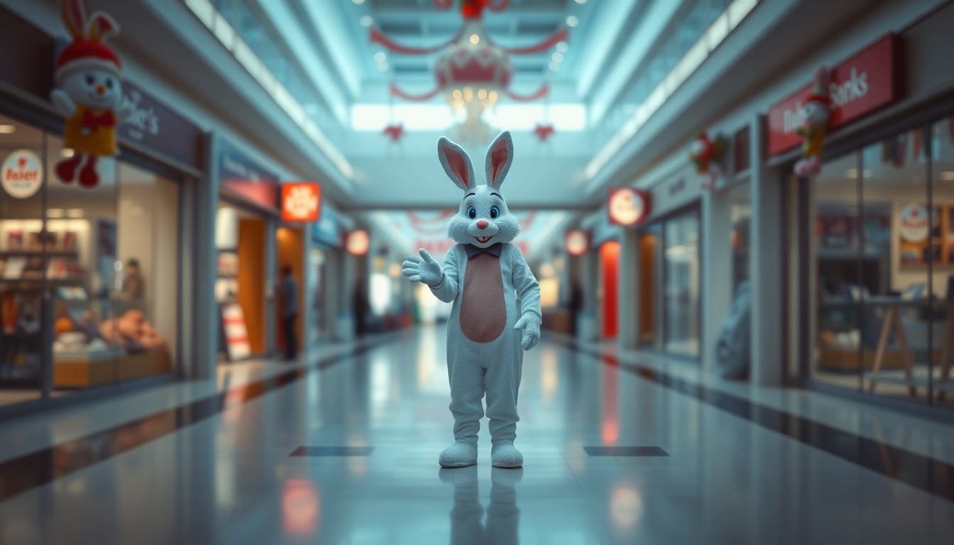 An extremely abstracted, out-of-focus photograph of an empty mall hallway, with a lone costumed Easter Bunny figure standing in the center, surrounded by blurred holiday decorations and signage, conveying a sense of isolation and melancholy.