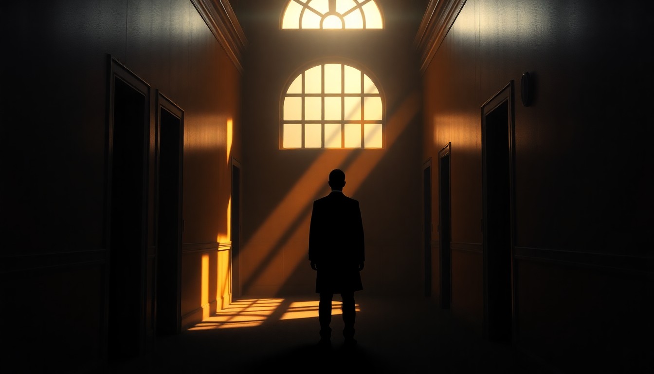 A moody, cinematic painting of a shadowy figure standing in a dimly lit government building hallway, with warm, diagonal sunlight streaming through the windows, conceptually representing the complex geopolitical tensions underlying the Iran conflict.