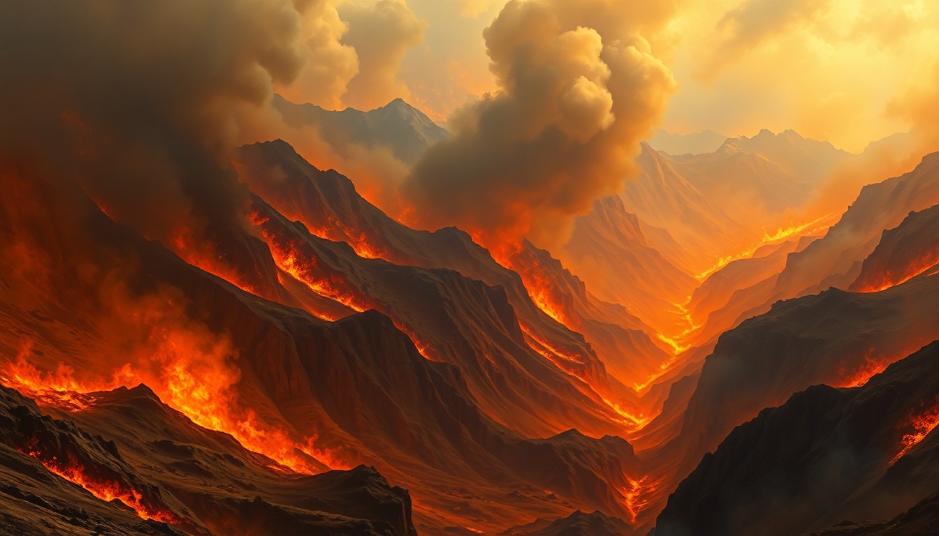 A dramatic, atmospheric landscape painting in the style of Caspar David Friedrich, depicting a massive wildfire burning through a mountainous terrain, with the flames and smoke dwarfing any physical structures or human figures in the scene.