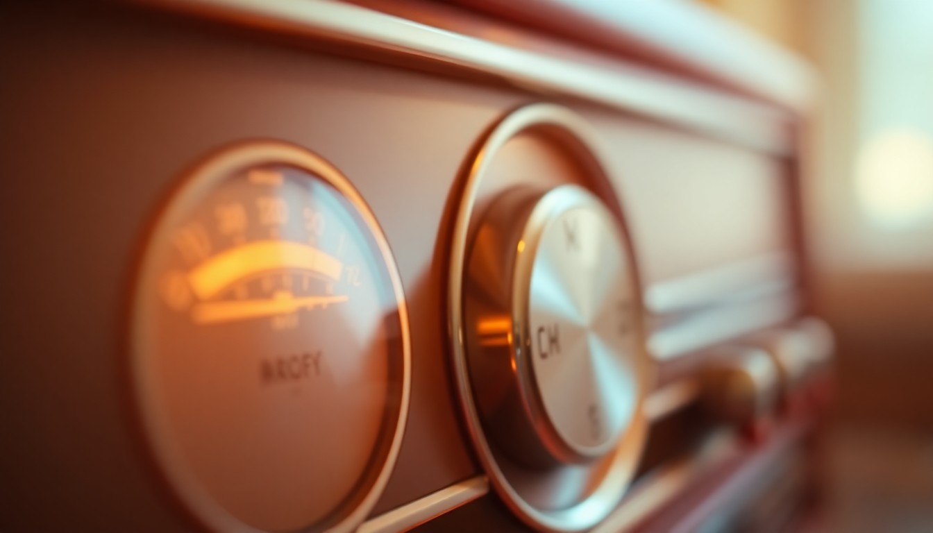 An abstract, impressionistic photograph of a vintage radio dial and knobs, with the controls obscured in a soft, out-of-focus haze of warm, colorful light, conveying the nostalgic and community-driven nature of the Tradio program.