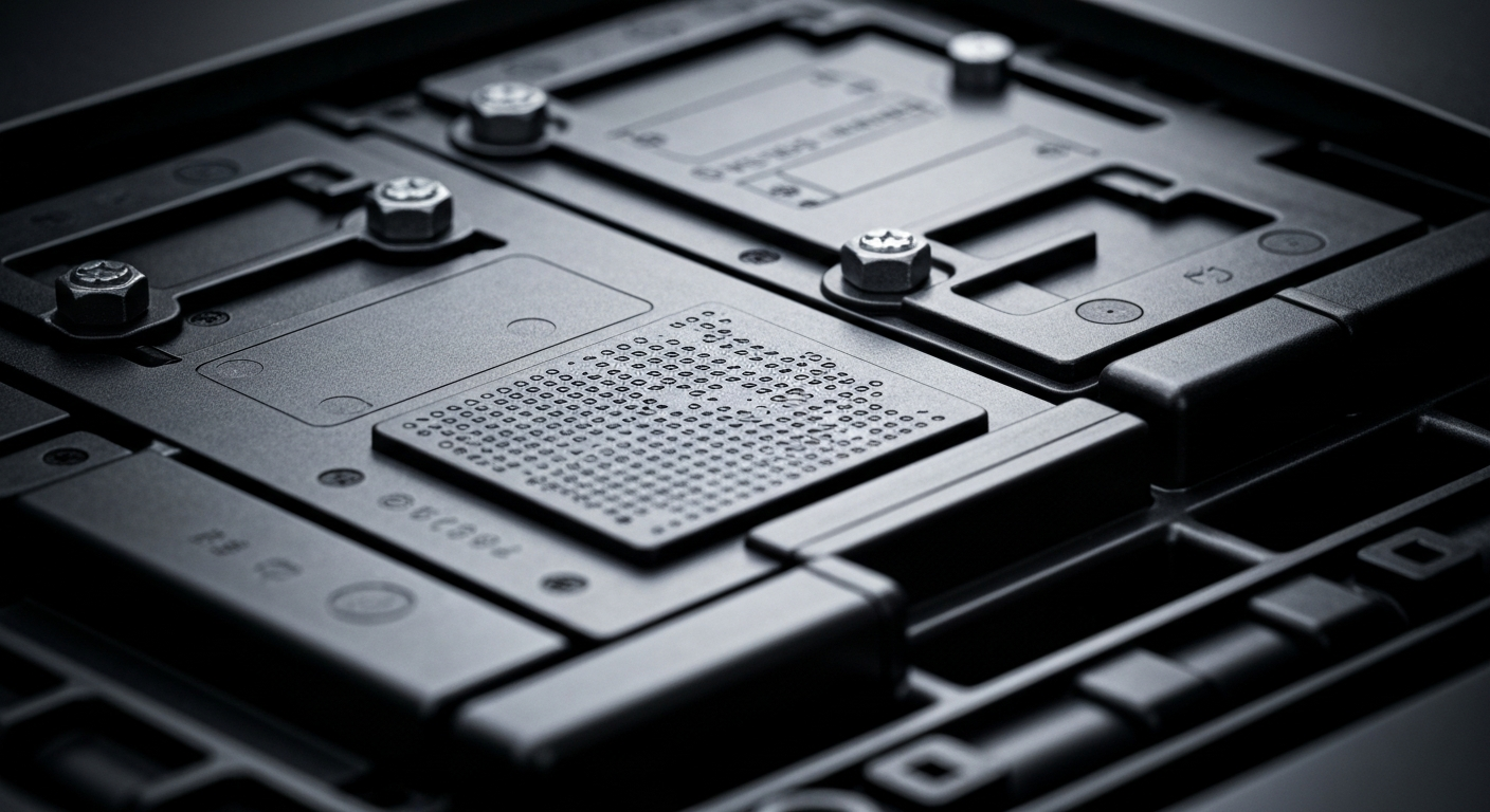 An extreme close-up macro photograph showcasing the intricate, pebbled texture and layered components of an electric vehicle battery pack, conveying the advanced engineering and complexity of modern electric vehicle technology.