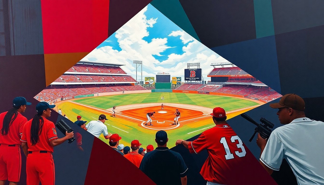 A fragmented, geometric painting depicting the dynamic action of a college baseball game, with the players and field rendered in sharp, overlapping planes of maroon, white, red, and black.