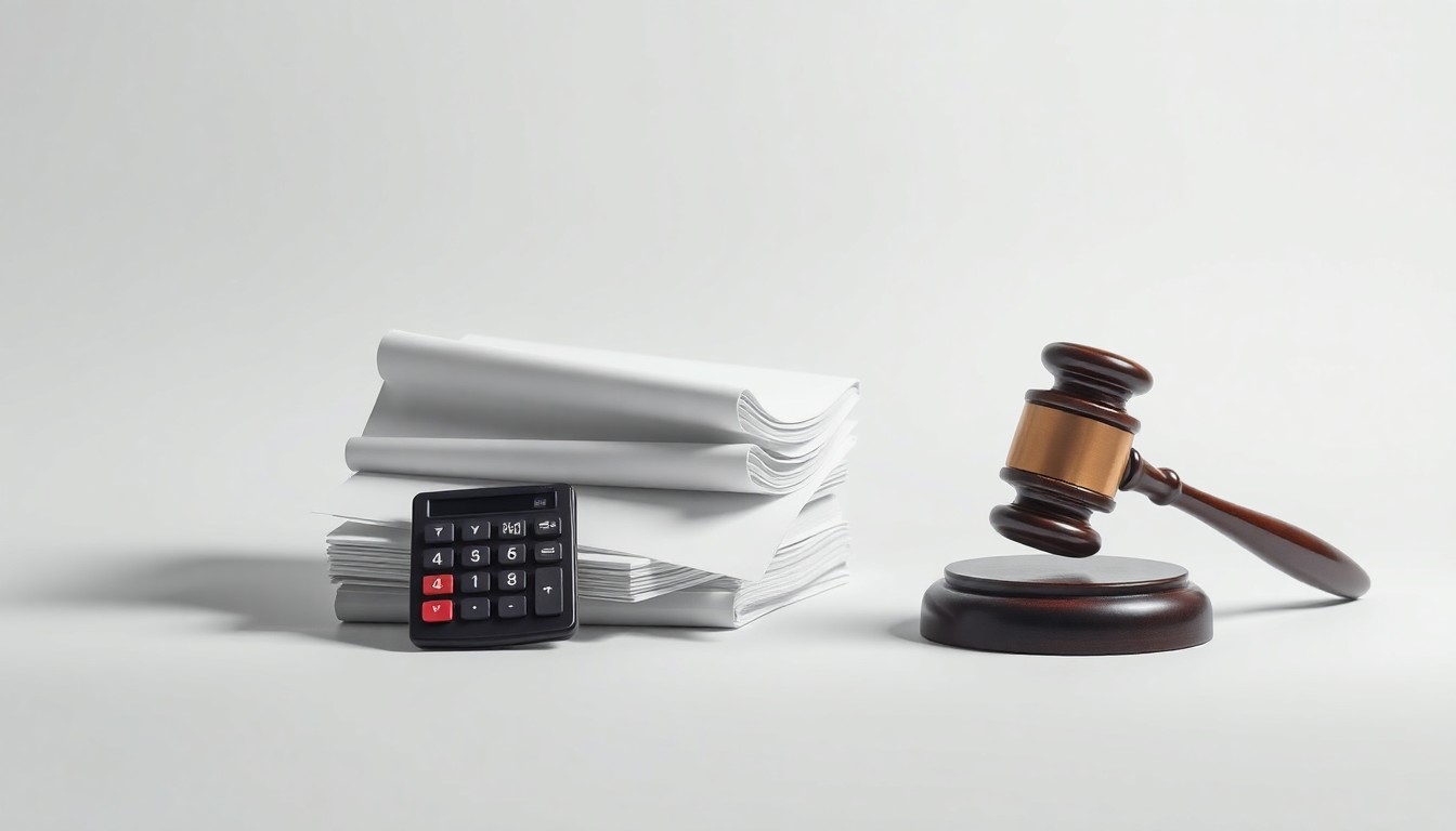 A high-end, photorealistic studio still-life photograph featuring a stack of financial documents, a calculator, and a gavel floating on a clean, monochromatic background, conceptually representing the abstract corporate strategy and legal proceedings surrounding the class action lawsuit against New Era Energy.