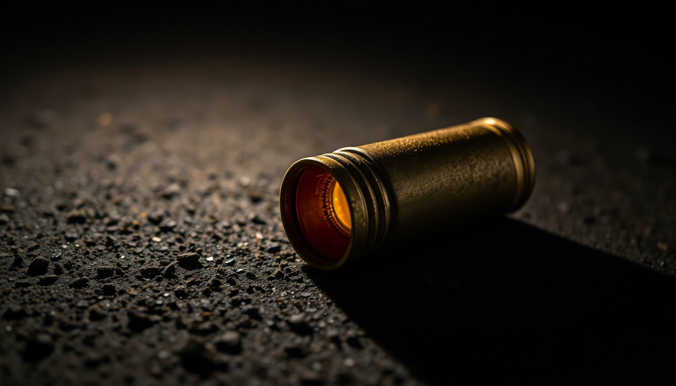 An extreme close-up of a spent shell casing on a dark, textured surface, lit by a harsh, direct flash, conveying the gritty, investigative nature of this crime scene.
