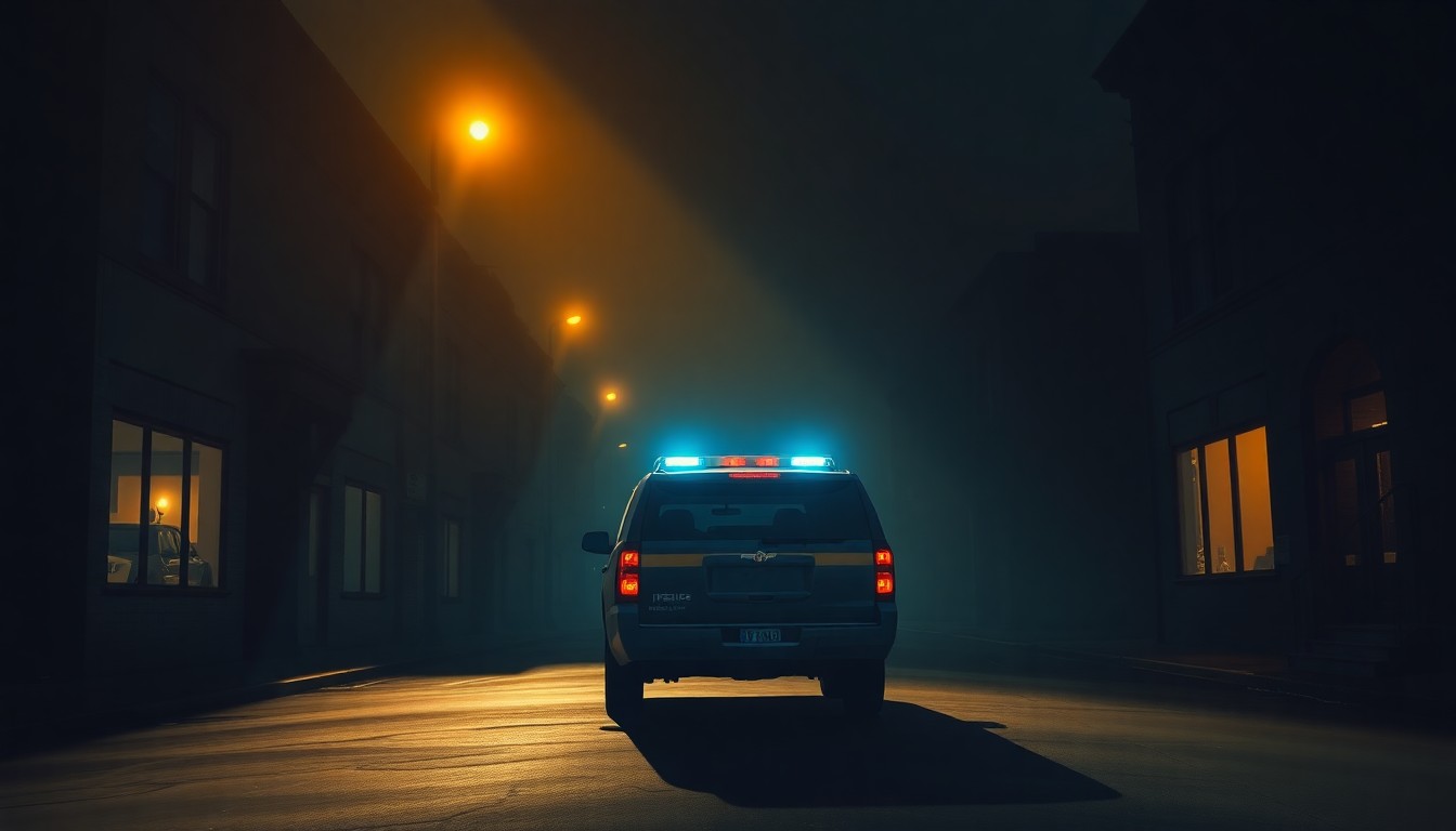 A realistic oil painting depicting an ICE enforcement vehicle parked on a shadowy city street, with warm sunlight casting dramatic shadows, conveying a sense of tension and unease in the community.