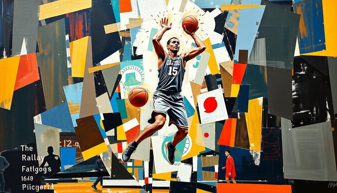 A cubist-style painting depicting a basketball player's movements broken down into sharp, overlapping geometric shapes and planes, conveying the energy and uncertainty surrounding the loss of a key player.