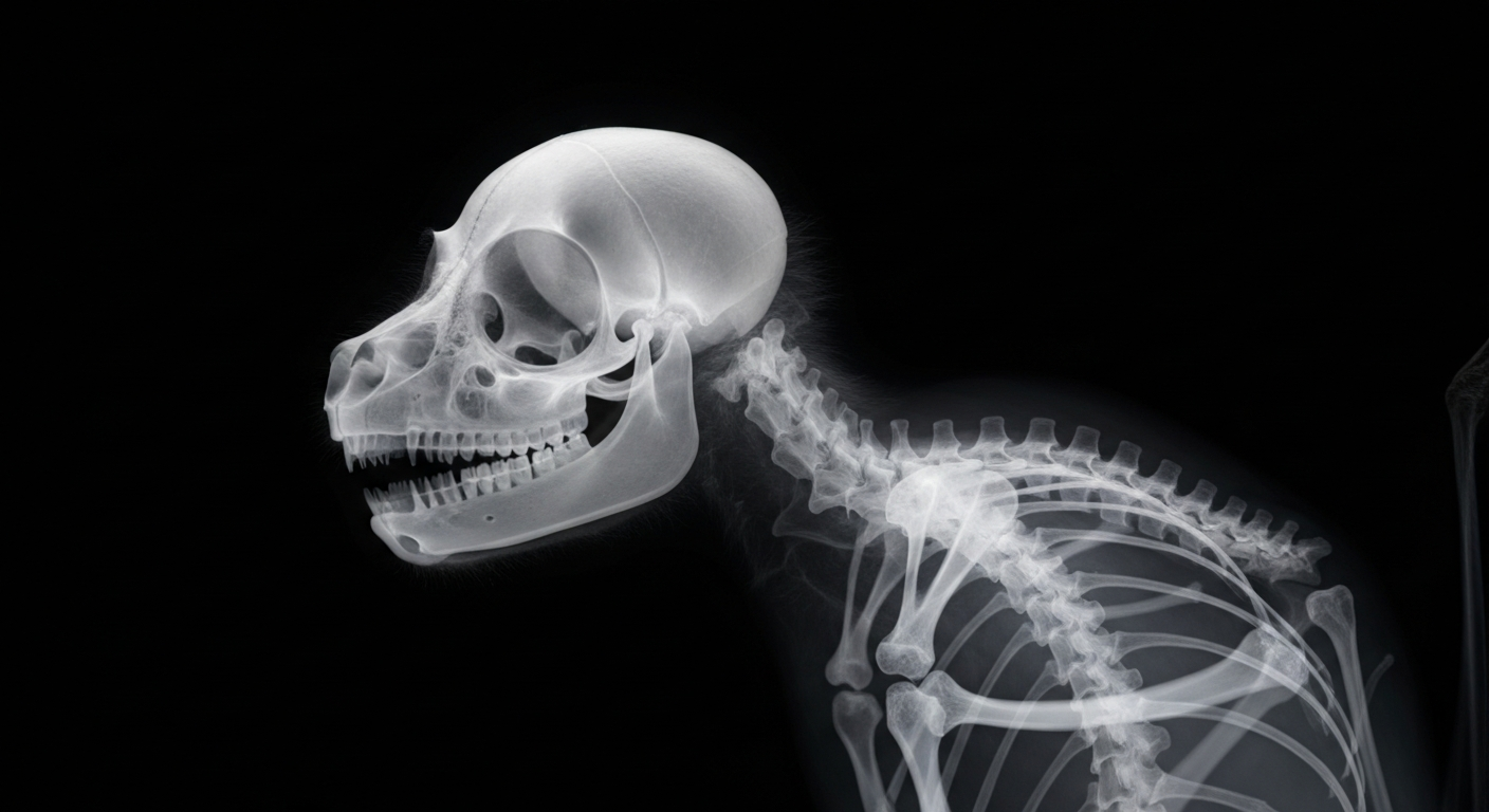 A translucent, ghostly X-ray photograph showing the delicate bone structure of a bat, its skeletal form glowing against a dark background.