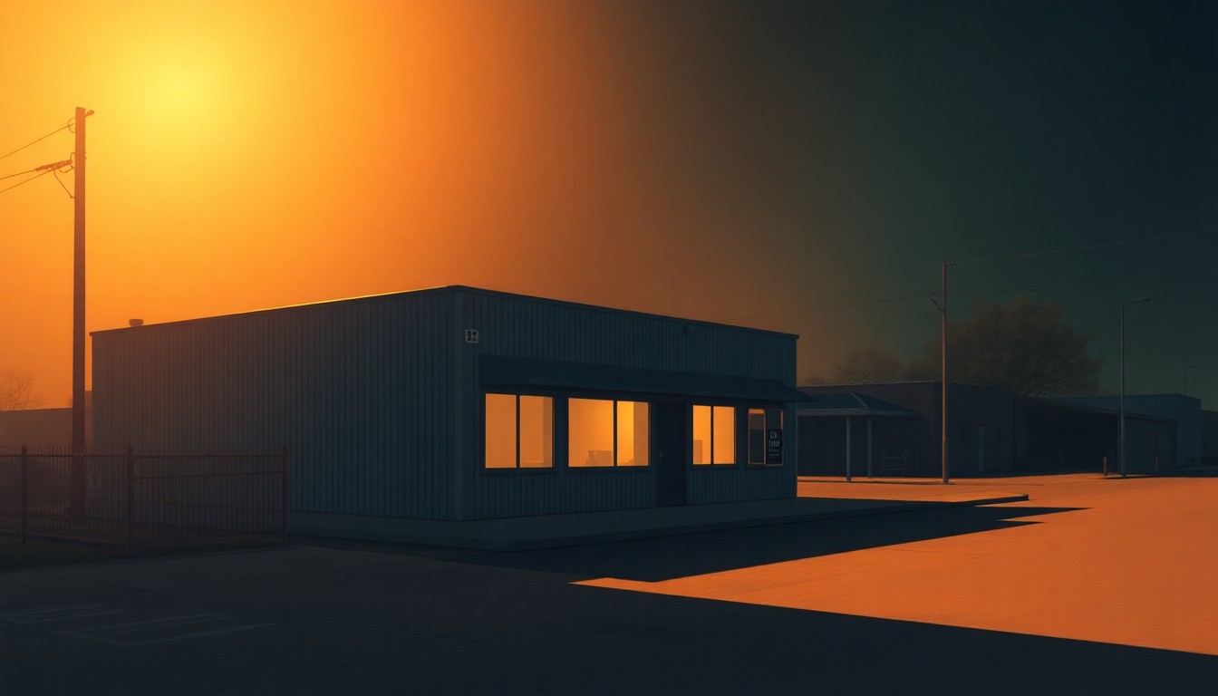 A photorealistic painting of a single-story municipal building or public works facility, with warm sunlight streaming through the windows and deep shadows cast across the facade, creating a sense of quiet contemplation about the role of local government in a community.