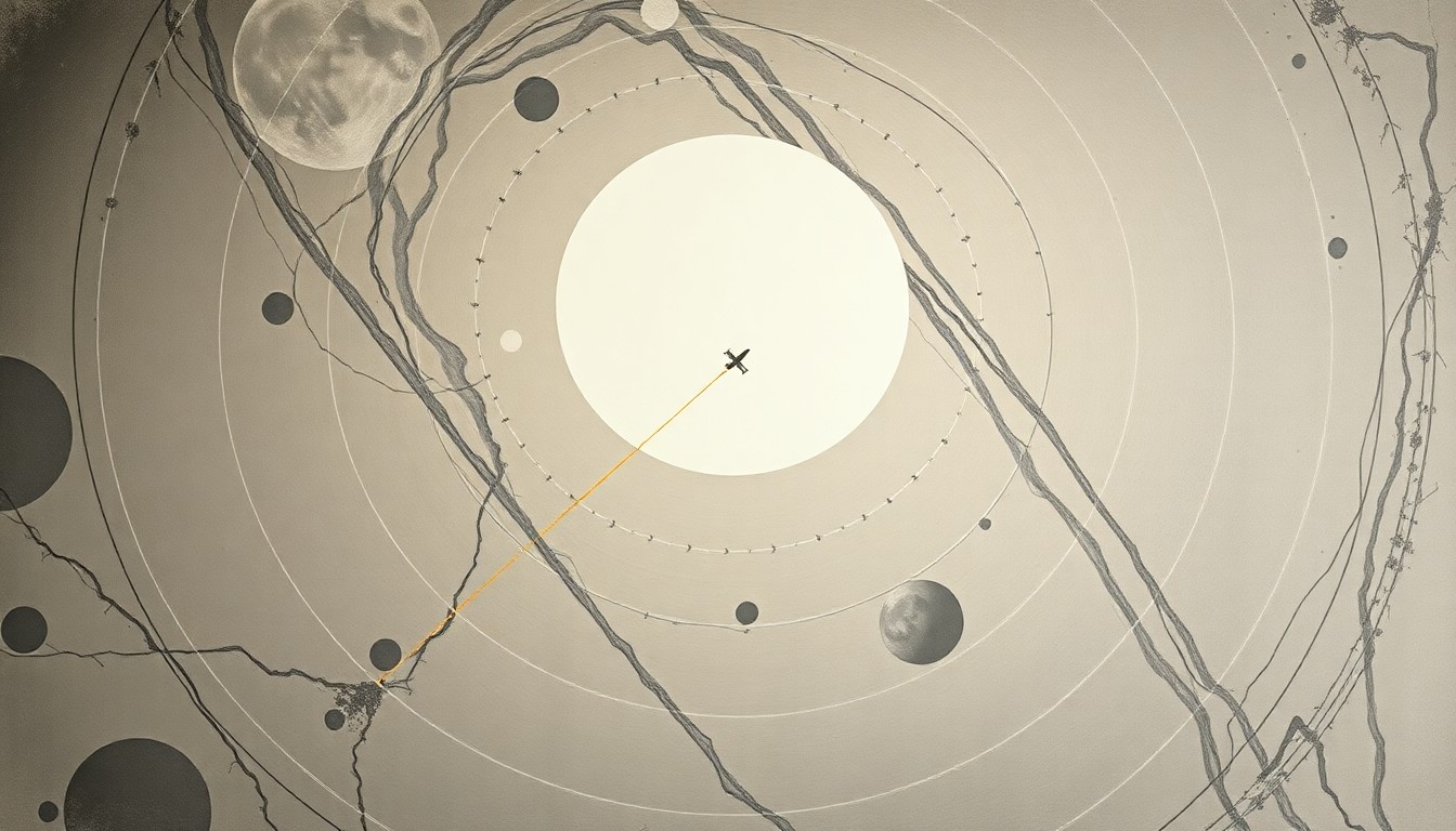 A bold, abstract painting in soft blues, greens, and grays depicting the precise, sweeping trajectory of the Artemis II spacecraft as it approaches the Moon, conveying the structural order and complex forces guiding the spacecraft's journey.