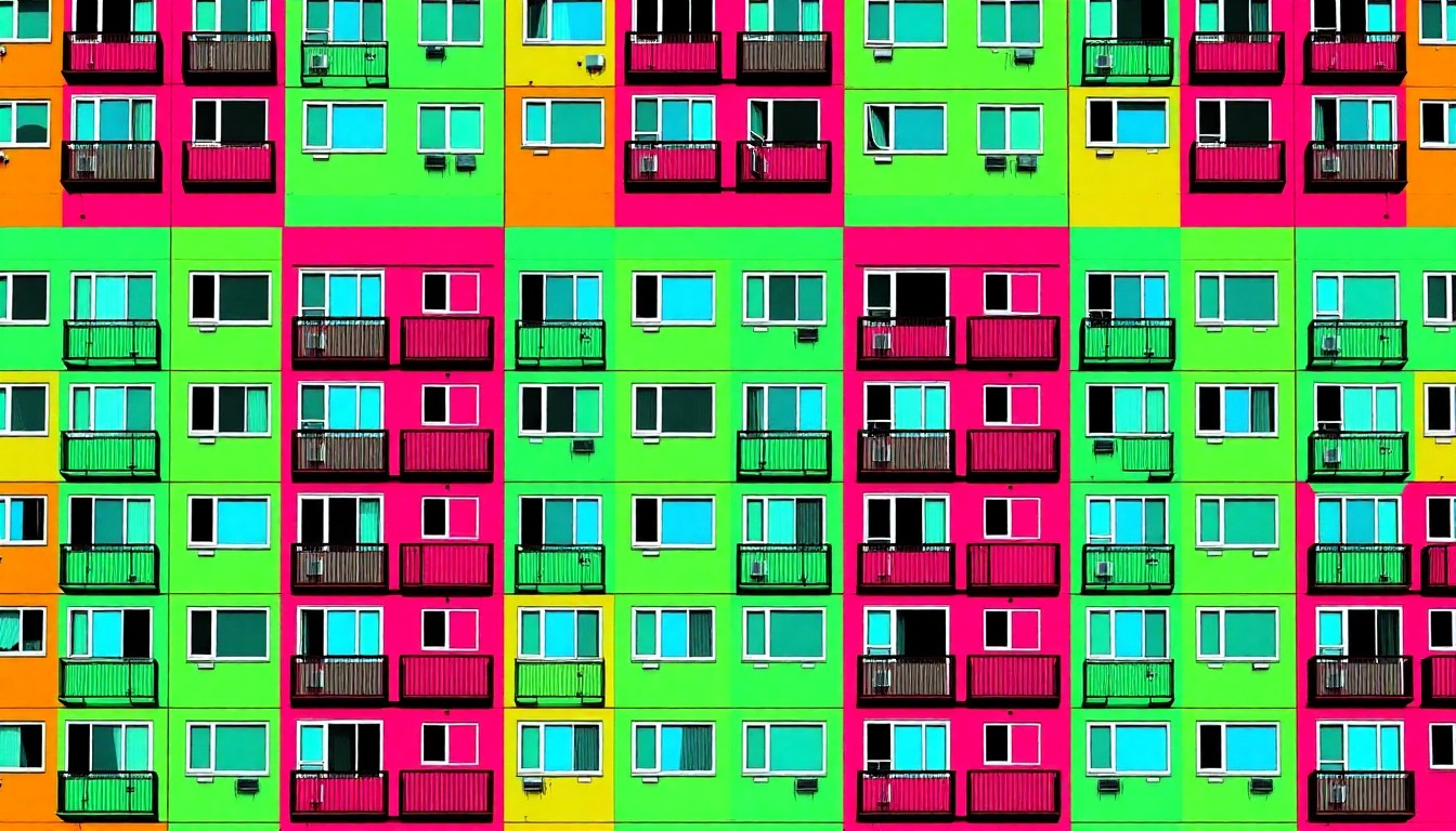 A brightly colored, high-contrast silkscreen print of a modern apartment building facade, repeated in a tight grid pattern in the style of Andy Warhol. The image utilizes flat, vibrant, and unnatural neon color palettes overlapping with heavy black photographic outlines to turn the concept of affordable housing into a modern pop art statement.