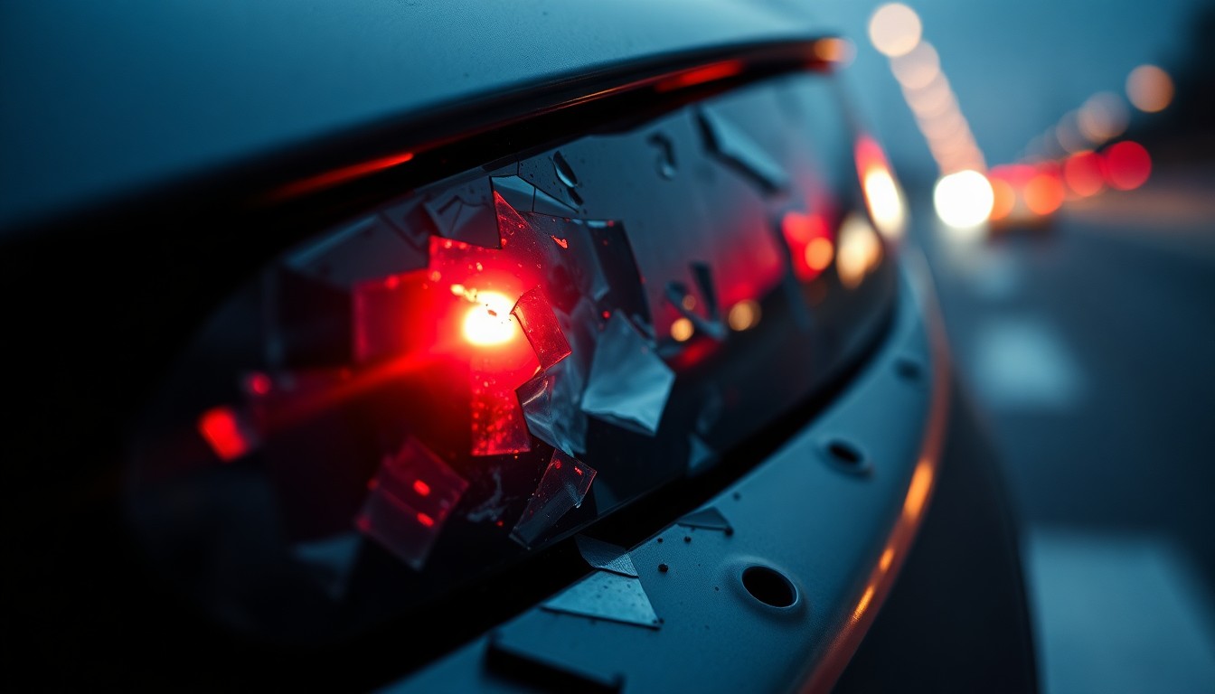 An extreme close-up of a shattered car sensor lens reflecting a faint red light, conceptually illustrating the violent impact of a highway collision.