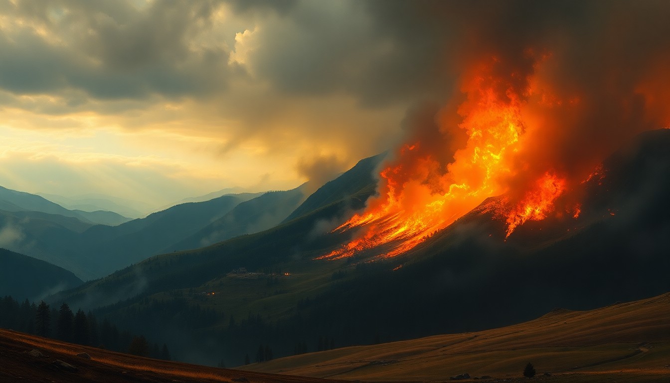 A vast, majestic landscape painting in muted earth tones, with a raging wildfire consuming a distant hillside, conveying the overwhelming, sublime scale of the natural disaster through dramatic lighting and atmospheric perspective.