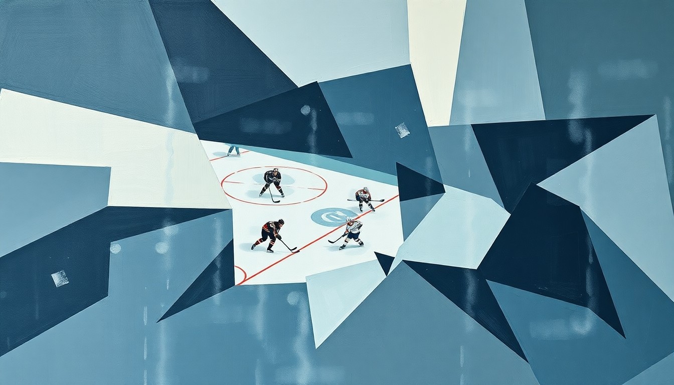 A cubist-style painting featuring overlapping geometric shapes and planes in muted blue, gray, and white tones, conceptually representing the fractured, multi-perspective nature of a controversial incident at a hockey game.