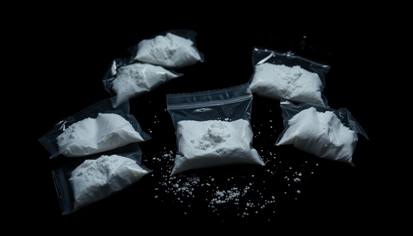 An extreme close-up photograph of several small plastic baggies containing a white powdery substance, lit by a harsh, direct camera flash against a pitch-black background, conceptually illustrating the gritty reality of a drug-related crime investigation.