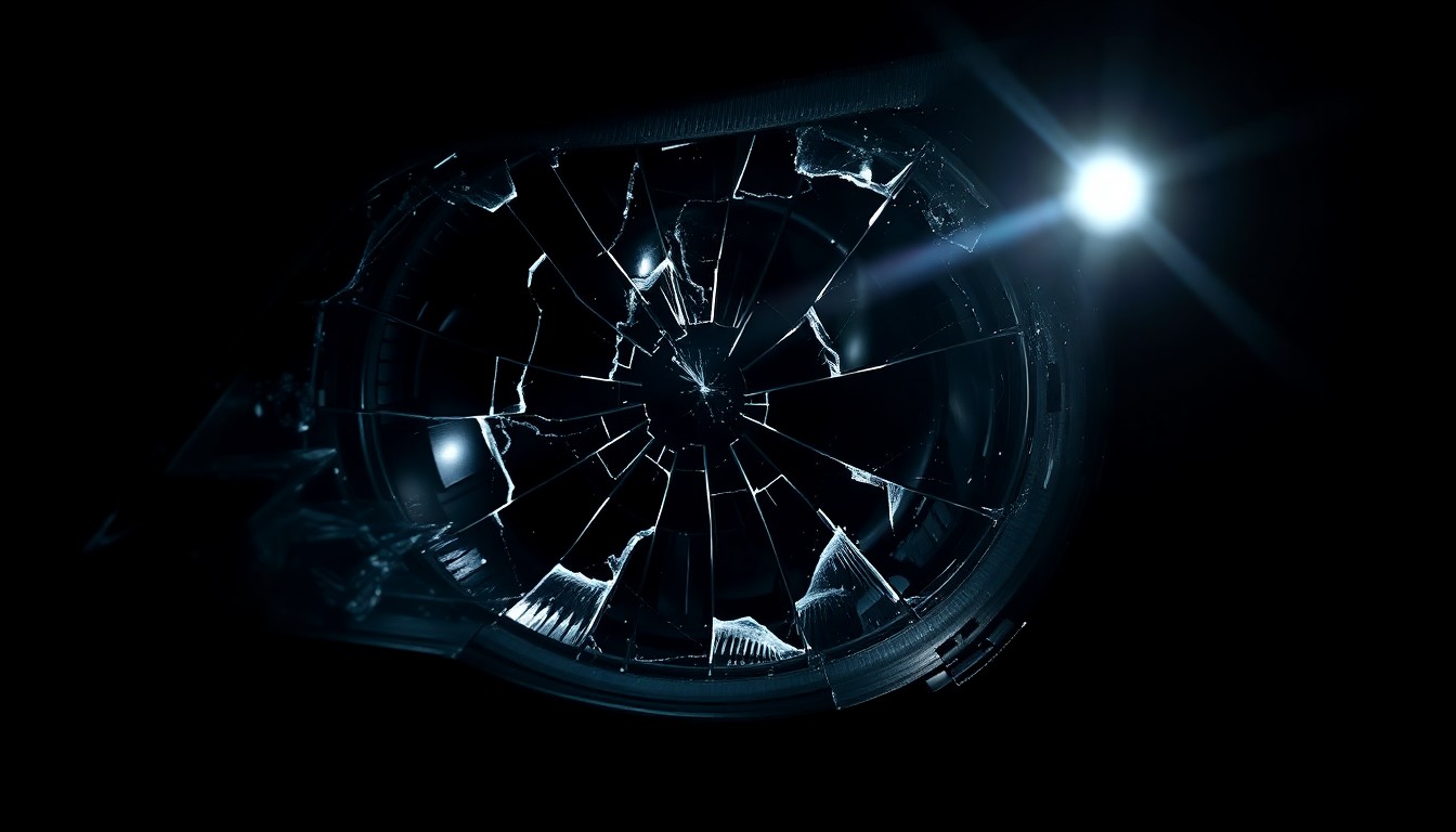 An extreme close-up photograph of a shattered car headlight lens, the glass cracked and distorted, conveying the violence and destruction of a fatal collision.