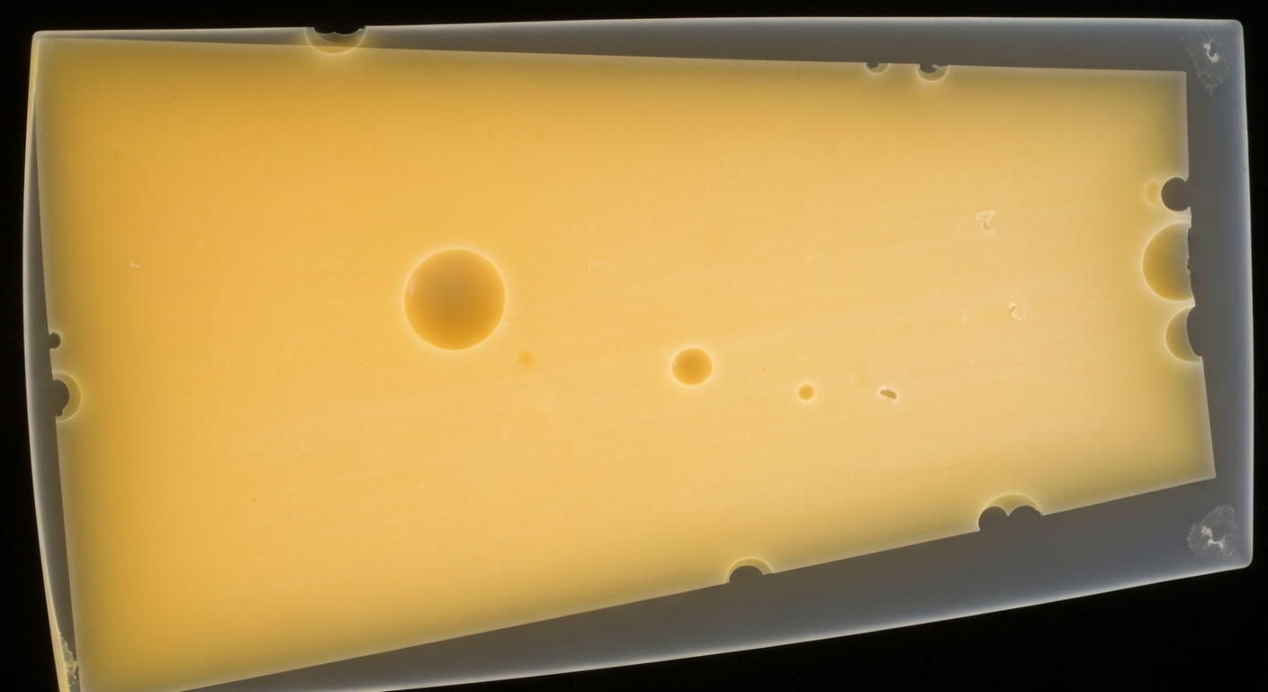 An extreme close-up, translucent X-ray image revealing the intricate internal structure of a block of Cheddar cheese, conceptually illustrating the unseen microbial risks of consuming unpasteurized dairy products.