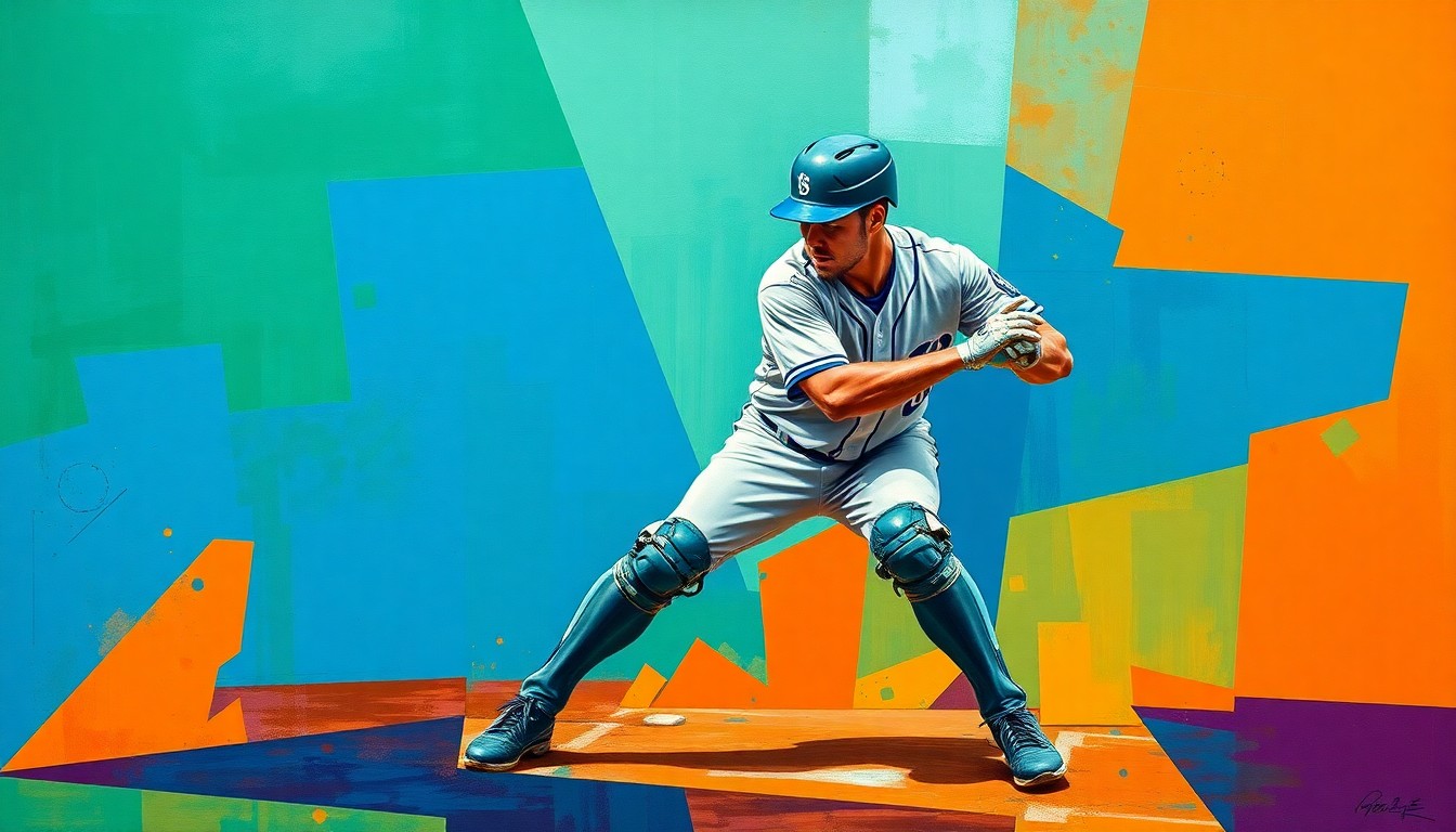 A cubist, geometric painting breaking down the form of a baseball catcher in mid-crouch, with sharp, overlapping planes of blue, green, and orange hues conveying the intensity and split-second reactions of the position.