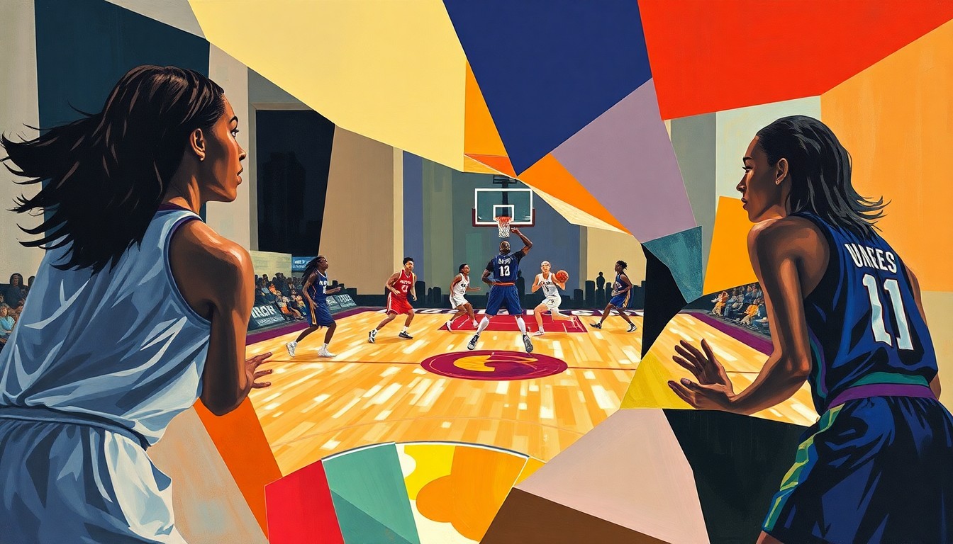 A cubist, geometric painting depicting a fragmented WNBA basketball game, with the players' forms broken down into abstract shapes and planes of color, capturing the disruption caused by roster changes due to expansion.