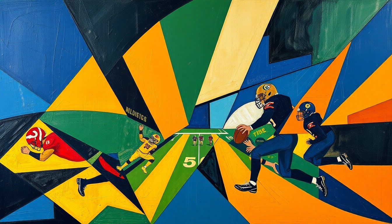 A fractured, cubist-style painting depicting the action of a high school football game, with the players and field broken down into sharp, overlapping geometric shapes in a variety of blue, gold, orange, and crimson colors representing the teams in the new 2A GSHL league.