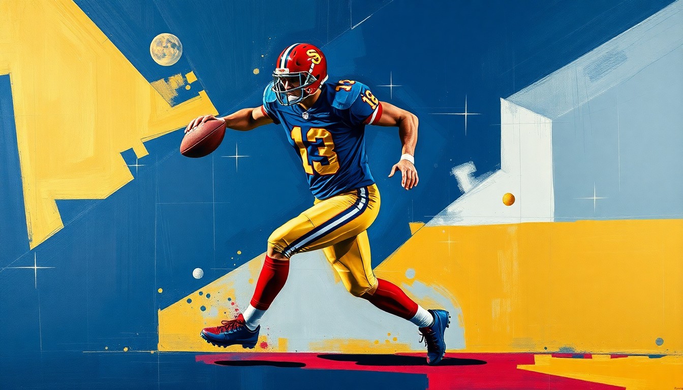 A fragmented, geometric painting depicting a football player in motion, with sharp planes of navy, crimson, and gold colors representing the multifaceted nature of a high-profile college recruitment.