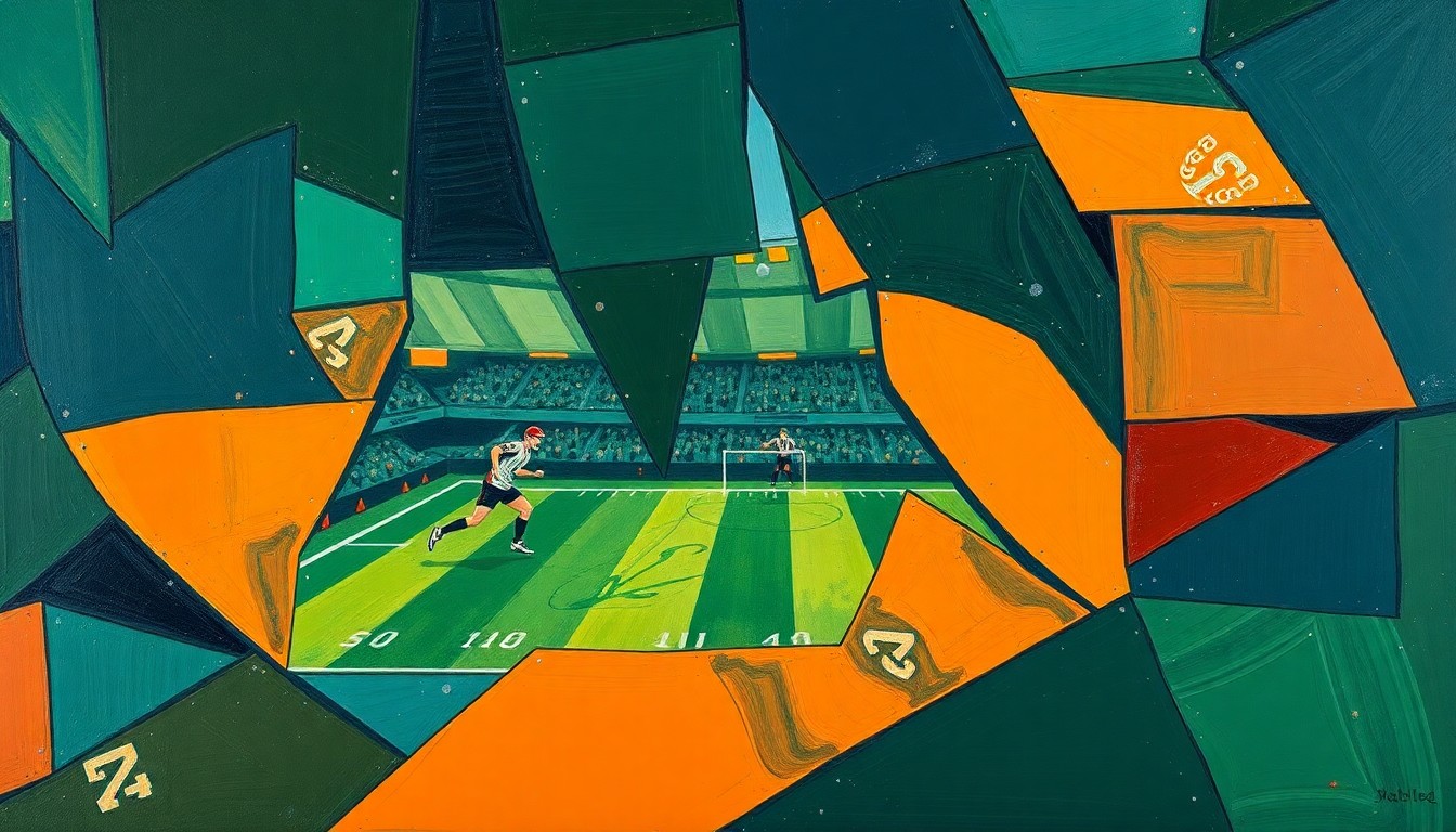 A fragmented, cubist-style painting depicting a football game or match, with the players and field broken down into sharp, overlapping geometric shapes in deep navy, forest green, and burnt orange tones, conveying the complexity and controversy surrounding the NFL's approach to domestic violence cases.