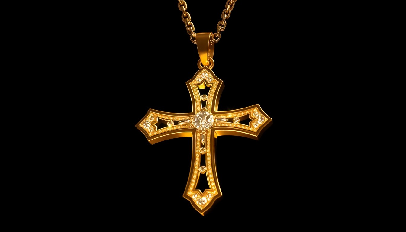 An abstract close-up photograph of a glittering gold cross pendant against a dark, high-contrast background, conveying the luxurious, high-fashion aesthetic of Easter celebration through dramatic lighting and material texture.