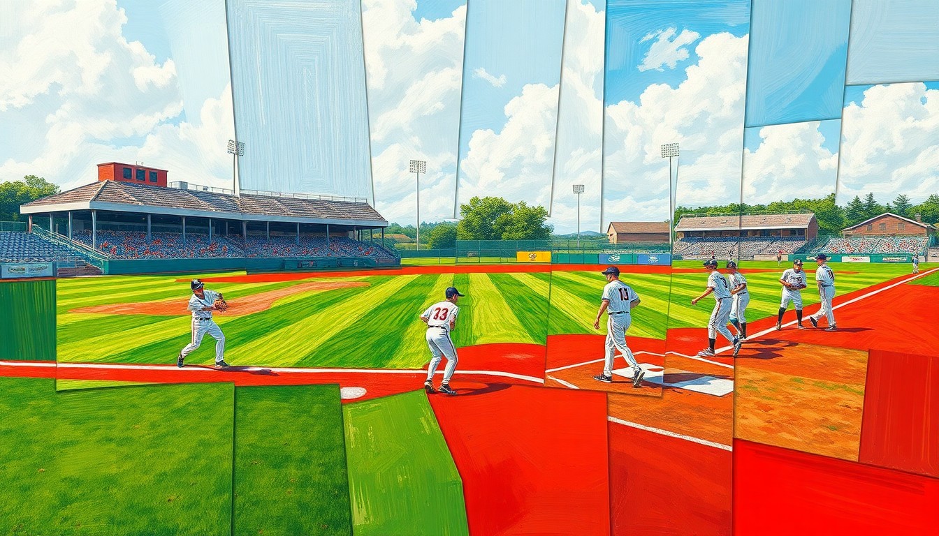 A fragmented, geometric painting depicting a high school baseball game, with the field, players, and equipment broken down into sharp, overlapping planes of color and shape.