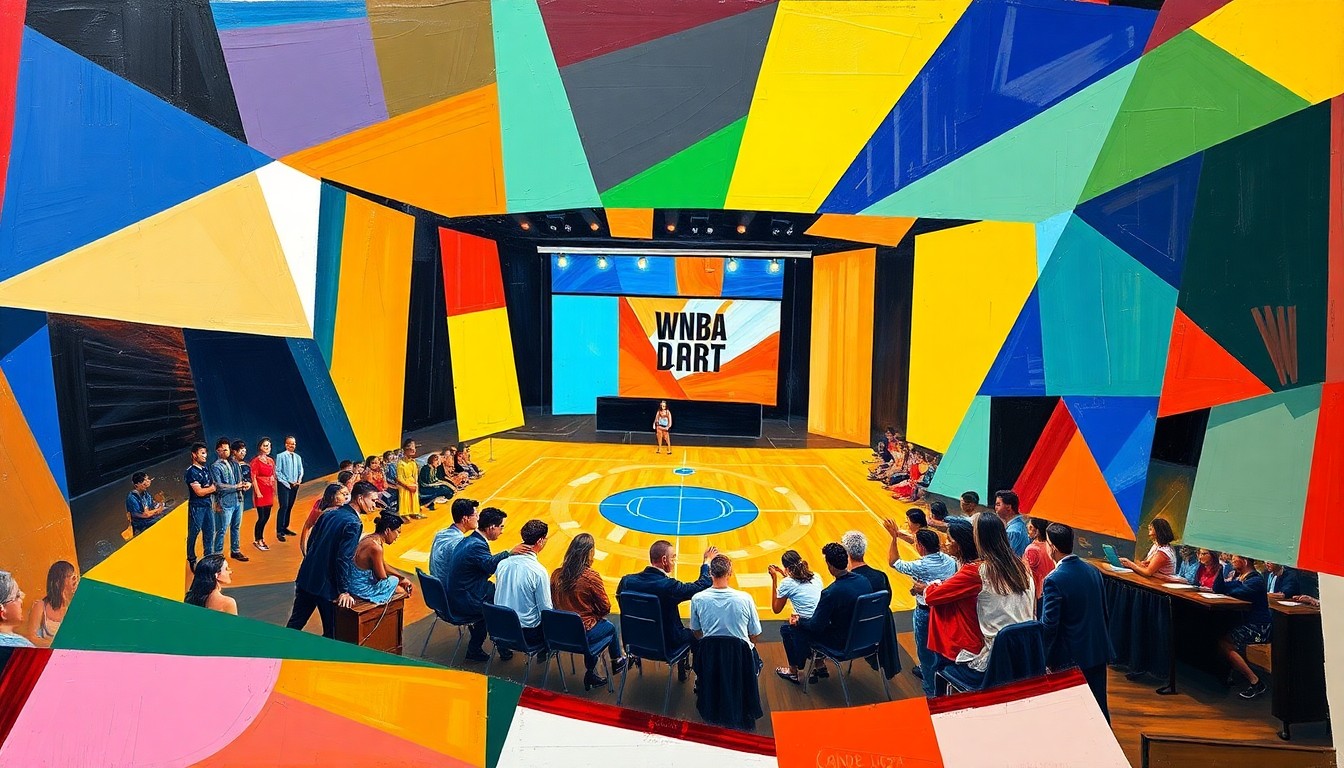 A cubist-style painting depicting fragmented, overlapping geometric shapes in vibrant colors, representing the energy and excitement of the WNBA expansion draft as the new franchises build their inaugural rosters.
