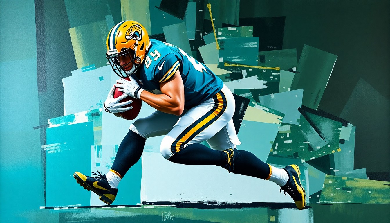 A fragmented, cubist-style painting depicting a football player in a teal and gold uniform making a tackle, with the player's form broken down into sharp, overlapping geometric shapes and planes.
