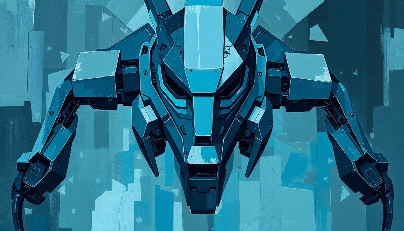 A highly stylized, fragmented painting depicting an abstract robotic form in shades of blue, grey, and black, conveying a sense of technological disruption and national security concerns.
