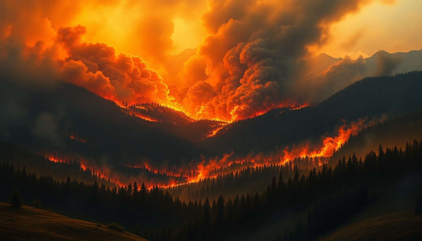 A sweeping, atmospheric landscape painting depicting a massive wildfire consuming a dense forest in the distance, conveying the sublime scale and destructive force of the natural disaster.