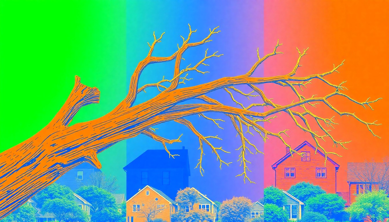 A bold, colorful silkscreen print featuring a fallen tree branch repeated in a tight grid pattern, using vibrant neon shades of green, blue, and orange to conceptually represent the impact of storm damage on suburban neighborhoods.