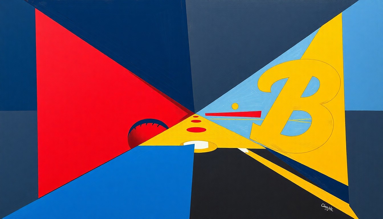 A cubist, geometric painting depicting a high school softball game, with the players and field fragmented into overlapping planes of navy blue, gold, red, and white.