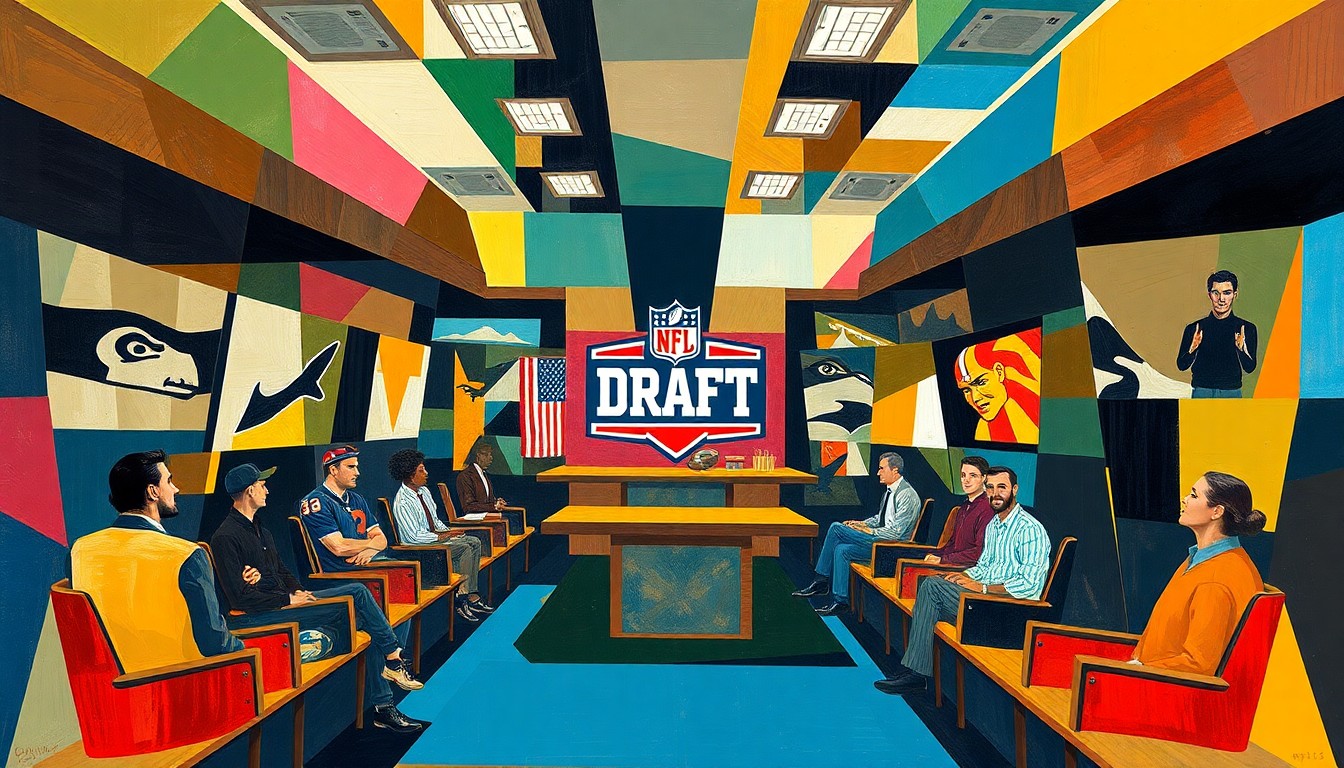 A cubist painting depicting an abstract NFL draft room scene, with sharp geometric shapes and planes overlapping to create a fragmented, multi-perspective view of the proceedings.