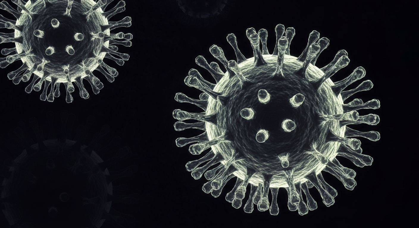 A translucent, ghostly X-ray image showing the detailed molecular structure of the measles virus, its intricate form glowing against a dark background.
