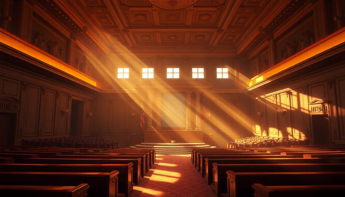 A dimly lit, cinematic painting of an empty city council chamber, with warm sunlight streaming in through the windows and casting deep shadows across the ornate wooden furniture and paneled walls, conveying a sense of the gravity and solemnity of the political process.