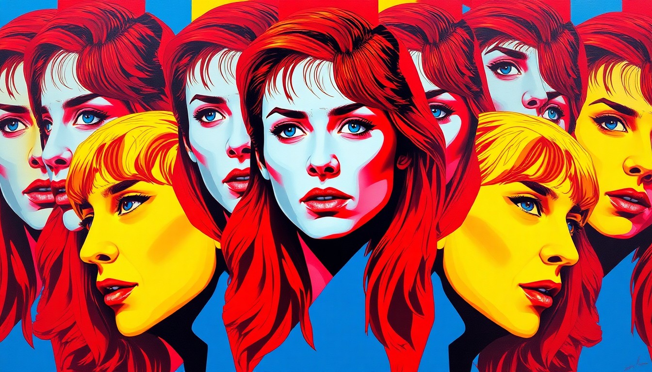 A fractured, abstract painting of Nadya Tolokonnikova's face, repeated in overlapping geometric shapes and waves of bold, vibrant colors, conveying the energy and defiance of the Pussy Riot movement.
