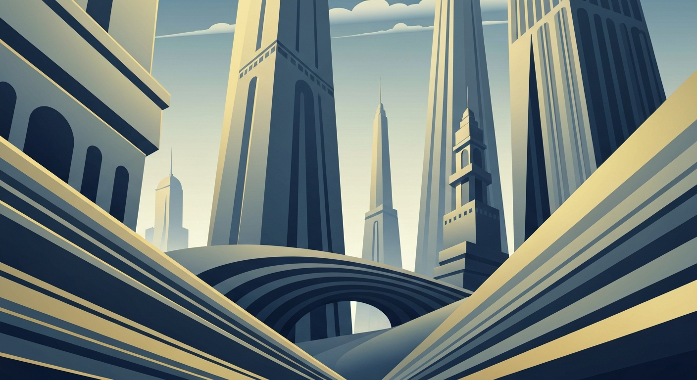 A highly stylized, geometric illustration in muted blue, grey, and gold tones, depicting the grand scale and sweeping perspectives of travel and trade, without any literal depiction of people or text.