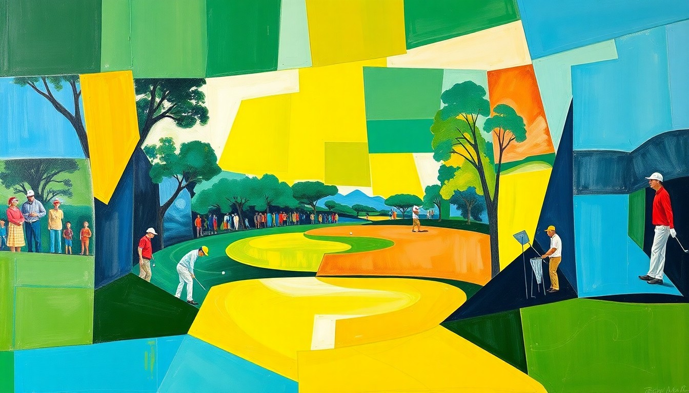 A fragmented, geometric painting depicting a golf tournament scene, with overlapping planes of color and form representing the dynamic action and competition of the event.