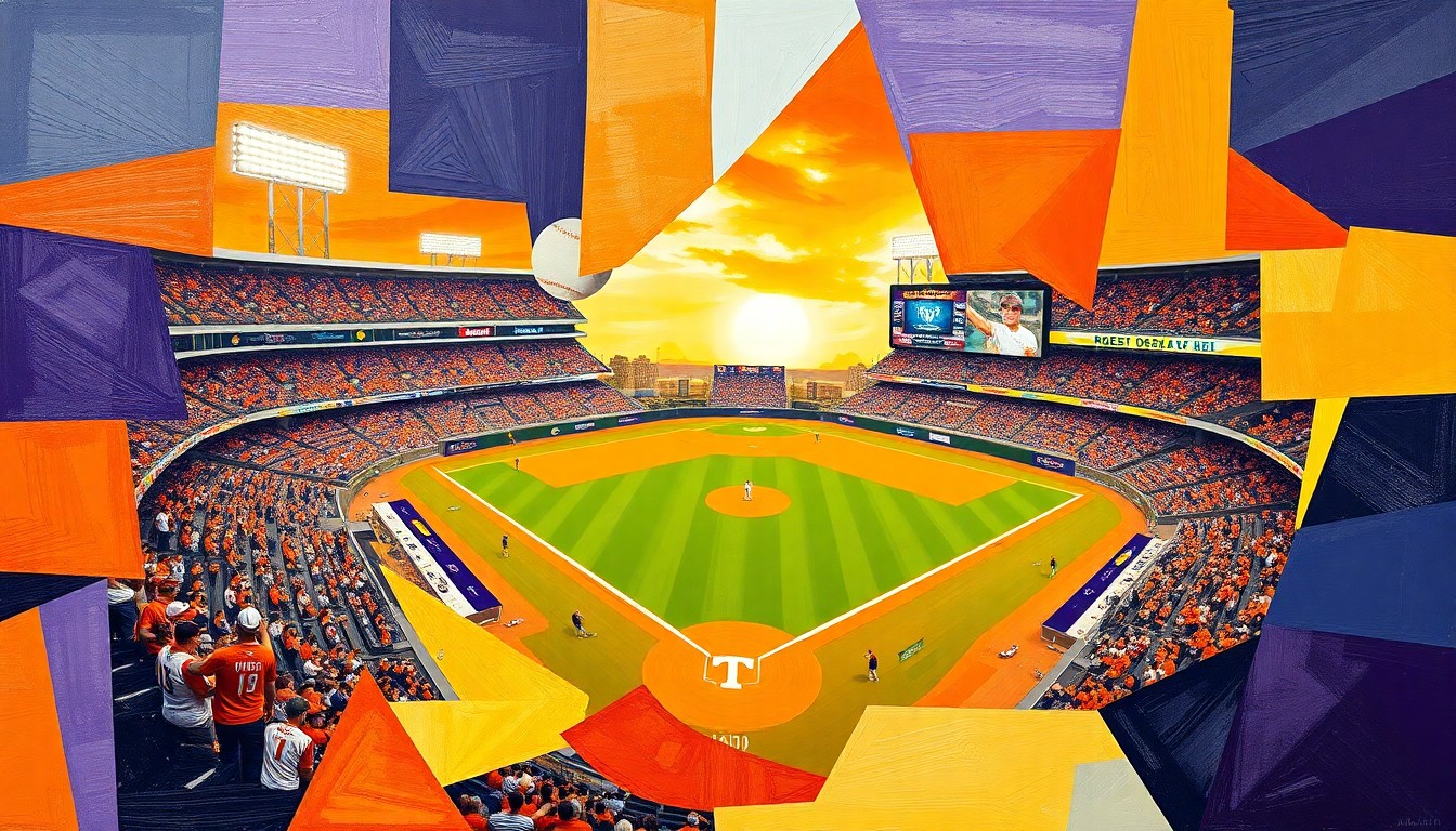 A cubist-style painting featuring overlapping geometric shapes and planes in Tennessee orange, LSU purple and gold, capturing the energy and intensity of a college baseball game.