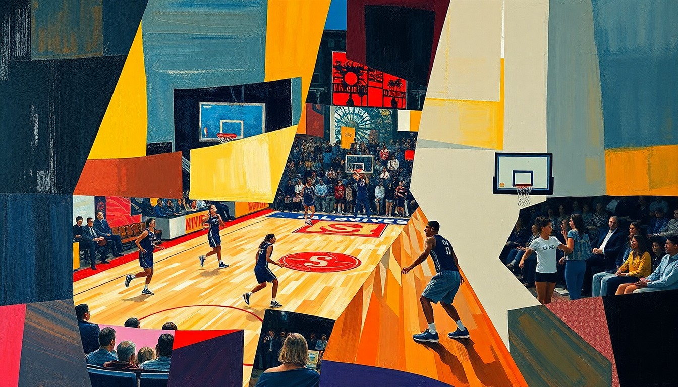 A cubist, geometric painting depicting the action and movement of a women's basketball game, with the players and court broken down into sharp, overlapping planes of color and shape.